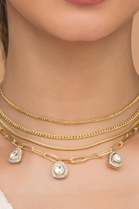 Vasundhara_Gold Plated Zareen Cz Studded Drop Layered Chain Necklace_Online_at_Aza_Fashions