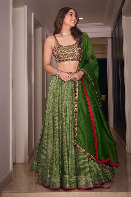 Punit Balana Green Chanderi Silk Printed Bandhani Scoop U Neck Lehenga Set 