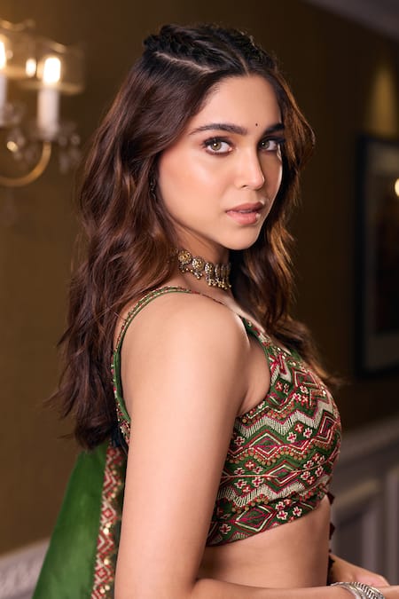 Punit Balana_Green Chanderi Silk, Organza Embroidery Scoop Neck Bandhani Print Lehenga Set _at_Aza_Fashions