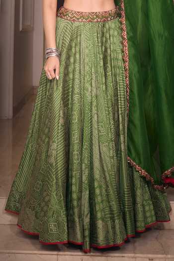 Shop Punit Balana Green Chanderi Silk, Organza Embroidery Scoop Neck Bandhani Print Lehenga Set Online at Aza Fashions Shop_Punit Balana_Green Chanderi Silk, Organza Embroidery Scoop Neck Bandhani Print Lehenga Set _Online_at_Aza_Fashions