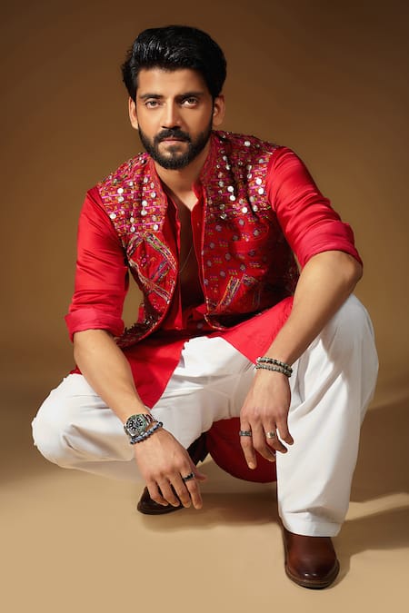 Buy_Punit Balana_Red Silk Embroidery Thread And Coin Bundi Kurta Set _Online_at_Aza_Fashions