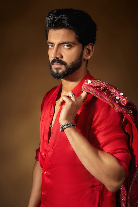 Punit Balana_Red Silk Embroidery Thread And Coin Bundi Kurta Set _at_Aza_Fashions