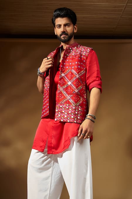 Shop_Punit Balana_Red Silk Embroidery Thread And Coin Bundi Kurta Set 