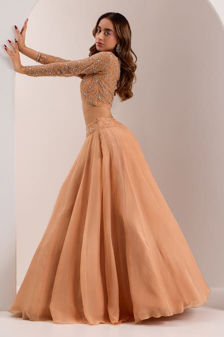 Silky Bindra_Rose Gold Eira Bead Embellished Waist Lehenga Set _at_Aza_Fashions
