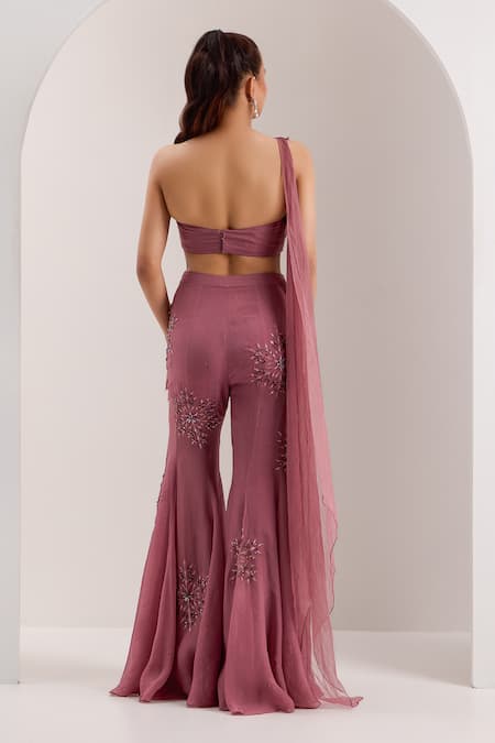 Silky Bindra Yuki Crystal Embellished Draped Blouse With Flared Pant 
