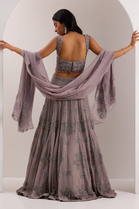 Shop Silky Bindra Grey Organza, Chiffon Embroidery, Sequins, Crystals Zeya Snowflake Lehenga Set at Aza Fashions Shop_Silky Bindra_Grey Organza, Chiffon Embroidery, Sequins, Crystals Zeya Snowflake Lehenga Set _at_Aza_Fashions