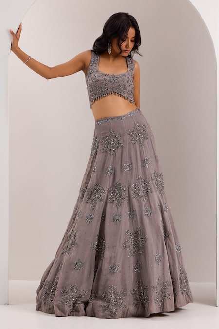 Silky Bindra Grey Organza, Chiffon Embroidery, Sequins, Crystals Zeya Snowflake Lehenga Set Online at Aza Fashions Silky Bindra_Grey Organza, Chiffon Embroidery, Sequins, Crystals Zeya Snowflake Lehenga Set _Online_at_Aza_Fashions