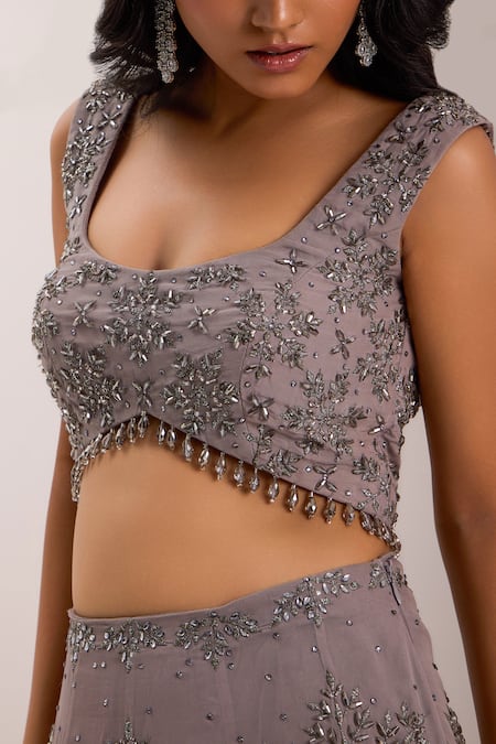 Shop Silky Bindra Grey Organza, Chiffon Embroidery, Sequins, Crystals Zeya Snowflake Lehenga Set Online at Aza Fashions Shop_Silky Bindra_Grey Organza, Chiffon Embroidery, Sequins, Crystals Zeya Snowflake Lehenga Set _Online_at_Aza_Fashions