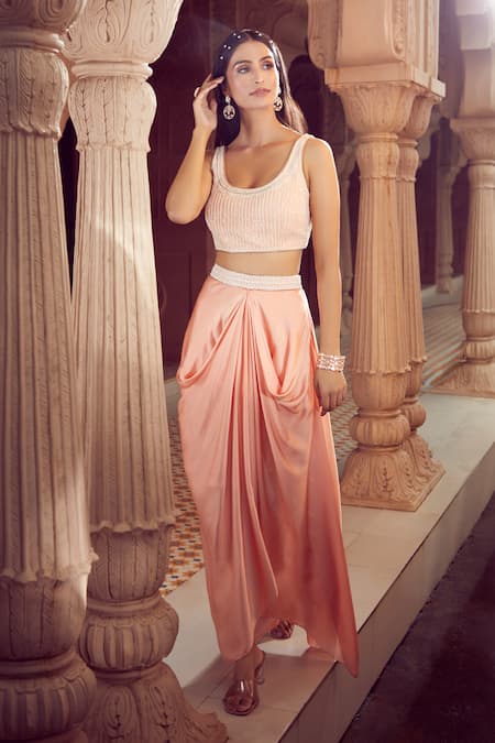 Buy_Aariyana Couture_Peach Viscose, Modal, Satin Embroidery Open Neck, Jacket And Draped Skirt Set _Online_at_Aza_Fashions