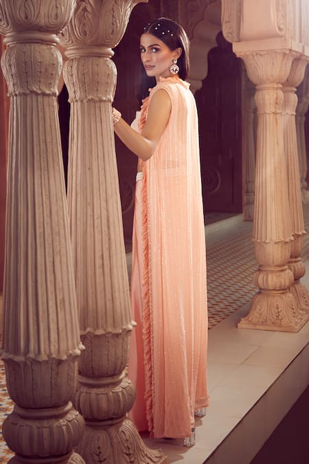 Shop_Aariyana Couture_Peach Viscose, Modal, Satin Embroidery Open Neck, Jacket And Draped Skirt Set _Online_at_Aza_Fashions