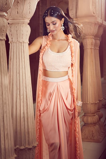 Buy_Aariyana Couture_Peach Viscose, Modal, Satin Embroidery Open Neck, Jacket And Draped Skirt Set 