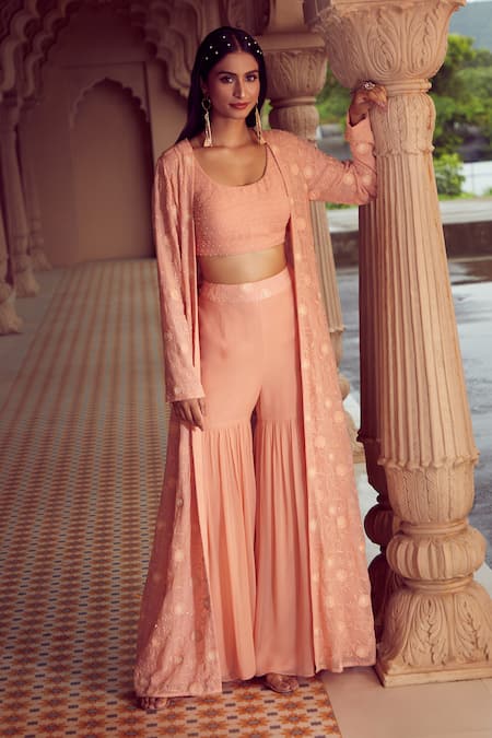 Shop Aariyana Couture Peach Viscose, Georgette Pearls, Embroidery Scoop Floral Jacket Sharara Set Online at Aza Fashions Shop_Aariyana Couture_Peach Viscose, Georgette Pearls, Embroidery Scoop Floral Jacket Sharara Set _Online_at_Aza_Fashions