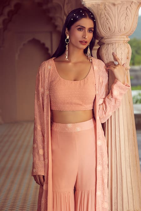 Aariyana Couture Peach Viscose, Georgette Pearls, Embroidery Scoop Floral Jacket Sharara Set at Aza Fashions Aariyana Couture_Peach Viscose, Georgette Pearls, Embroidery Scoop Floral Jacket Sharara Set _at_Aza_Fashions