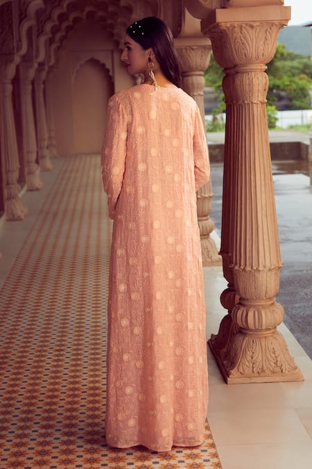 Aariyana Couture Peach Viscose, Georgette Pearls, Embroidery Scoop Floral Jacket Sharara Set Online at Aza Fashions Aariyana Couture_Peach Viscose, Georgette Pearls, Embroidery Scoop Floral Jacket Sharara Set _Online_at_Aza_Fashions