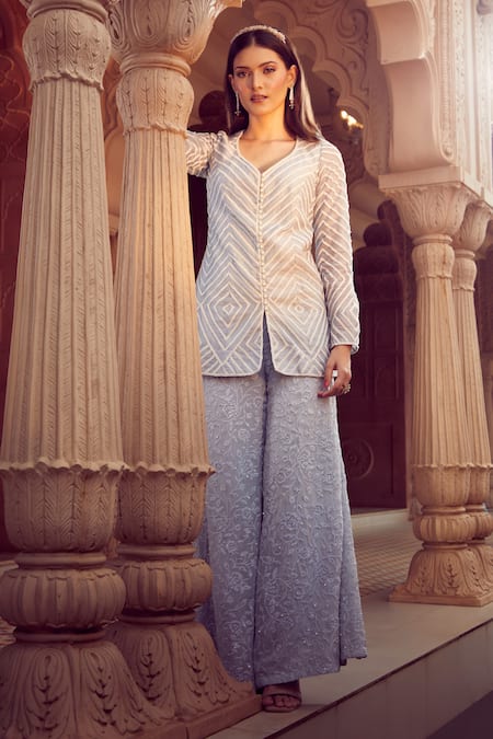 Aariyana Couture Sky Blue Silk Organza, Viscose Embroidery Jacket And Floral Sharara Set Online at Aza Fashions Aariyana Couture_Sky Blue Silk Organza, Viscose Embroidery Jacket And Floral Sharara Set_Online_at_Aza_Fashions