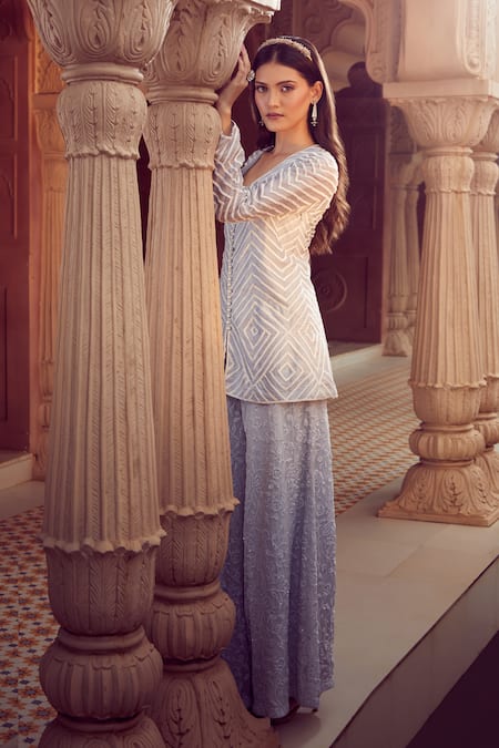 Buy Aariyana Couture Sky Blue Silk Organza, Viscose Embroidery Jacket And Floral Sharara Set Online at Aza Fashions Buy_Aariyana Couture_Sky Blue Silk Organza, Viscose Embroidery Jacket And Floral Sharara Set_Online_at_Aza_Fashions