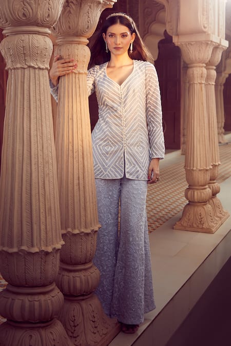 Shop Aariyana Couture Sky Blue Silk Organza, Viscose Embroidery Jacket And Floral Sharara Set Online at Aza Fashions Shop_Aariyana Couture_Sky Blue Silk Organza, Viscose Embroidery Jacket And Floral Sharara Set_Online_at_Aza_Fashions