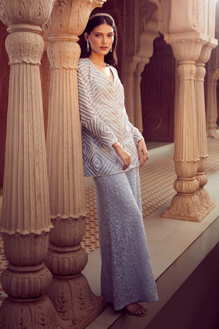 Aariyana Couture Sky Blue Silk Organza, Viscose Embroidery Jacket And Floral Sharara Set at Aza Fashions Aariyana Couture_Sky Blue Silk Organza, Viscose Embroidery Jacket And Floral Sharara Set_at_Aza_Fashions