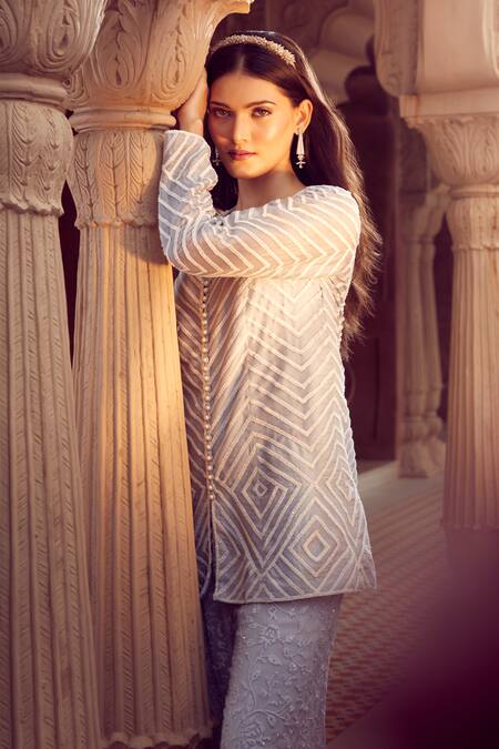 Buy Aariyana Couture Sky Blue Silk Organza, Viscose Embroidery Jacket And Floral Sharara Set Buy_Aariyana Couture_Sky Blue Silk Organza, Viscose Embroidery Jacket And Floral Sharara Set