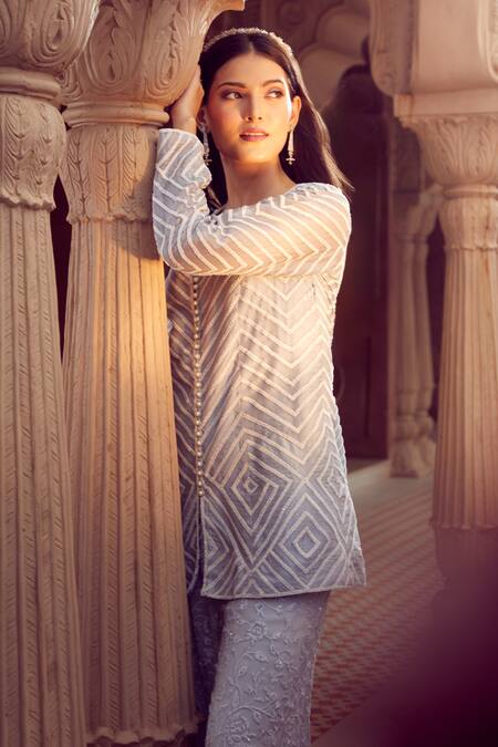 Shop Aariyana Couture Sky Blue Silk Organza, Viscose Embroidery Jacket And Floral Sharara Set Shop_Aariyana Couture_Sky Blue Silk Organza, Viscose Embroidery Jacket And Floral Sharara Set