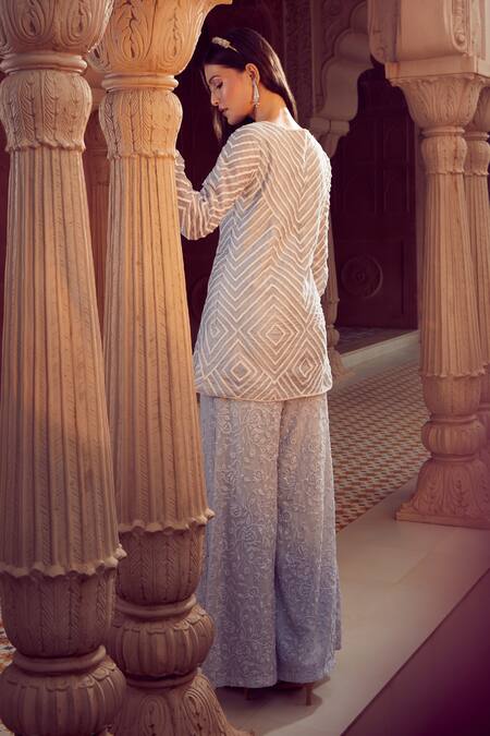 Shop Aariyana Couture Sky Blue Silk Organza, Viscose Embroidery Jacket And Floral Sharara Set at Aza Fashions Shop_Aariyana Couture_Sky Blue Silk Organza, Viscose Embroidery Jacket And Floral Sharara Set_at_Aza_Fashions