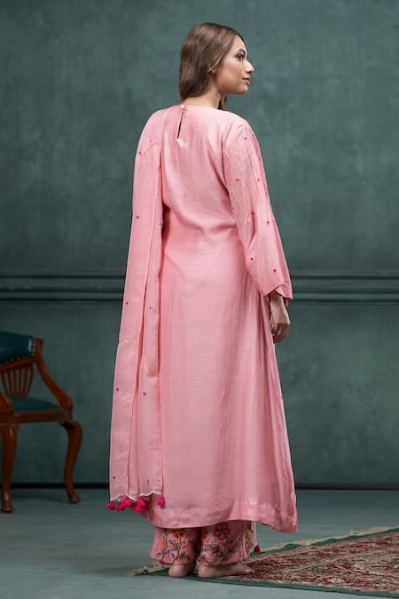 Shop_Hirika & Dhruti_Pink Cotton, Silk, Organza Embroidery Round French Knot Hand A-line Kurta Set _at_Aza_Fashions