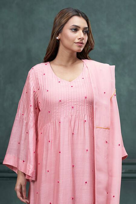 Hirika & Dhruti_Pink Cotton, Silk, Organza Embroidery Round French Knot Hand A-line Kurta Set _Online_at_Aza_Fashions