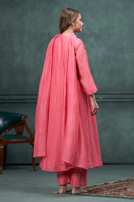 Shop Hirika & Dhruti Peach Chanderi Embroidery Scoop Neck Flower Hand A-line Kurta Set at Aza Fashions Shop_Hirika & Dhruti_Peach Chanderi Embroidery Scoop Neck Flower Hand A-line Kurta Set _at_Aza_Fashions