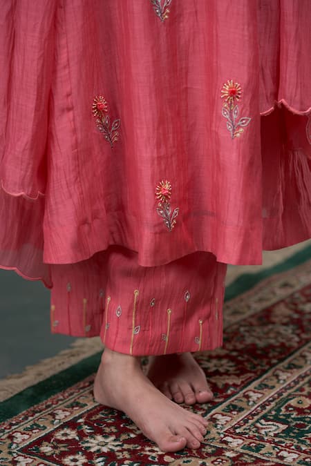 Buy Hirika & Dhruti Peach Chanderi Embroidery, Pearls Split Flower Butti Hand A-line Kurta Set Online at Aza Fashions Buy_Hirika & Dhruti_Peach Chanderi Embroidery, Pearls Split Flower Butti Hand A-line Kurta Set _Online_at_Aza_Fashions