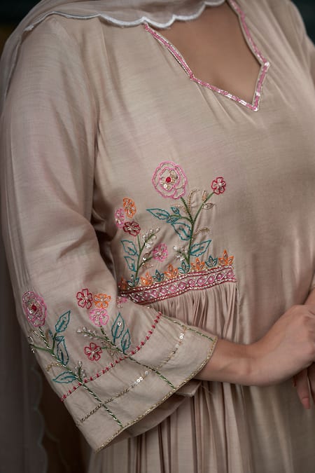 Hirika & Dhruti Beige Mohair, Cotton, Chanderi Pearls, Sequins, Thread Hand A-line Kurta Set Online at Aza Fashions Hirika & Dhruti_Beige Mohair, Cotton, Chanderi Pearls, Sequins, Thread Hand A-line Kurta Set _Online_at_Aza_Fashions