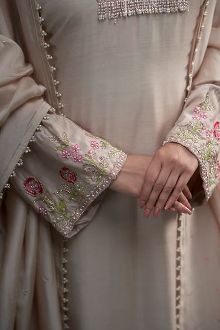Hirika & Dhruti_Beige Mohair, Silk, Organza Embroidery, Pearls V-neck Floral Hand Kurta Set _Online_at_Aza_Fashions