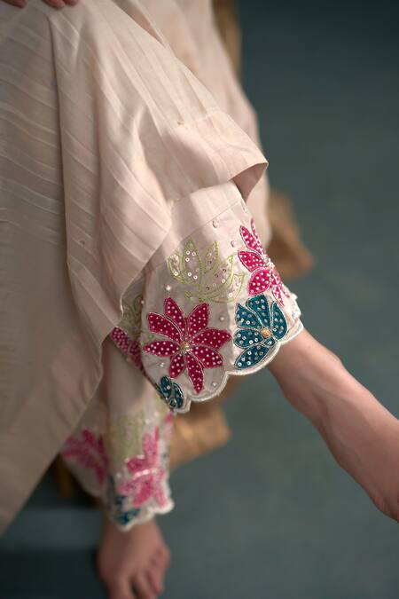 Buy_Hirika & Dhruti_Beige Chanderi Silk, Cotton, Organza Embroidery, Hand Pleated Angarkha Pant Set _Online_at_Aza_Fashions