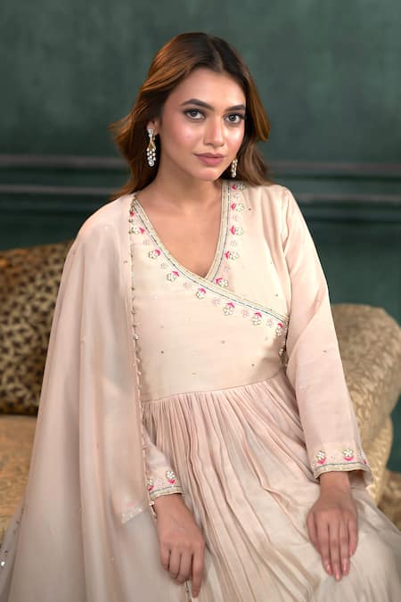 Hirika & Dhruti_Beige Chanderi Silk, Cotton, Organza Embroidery, Hand Pleated Angarkha Pant Set _at_Aza_Fashions