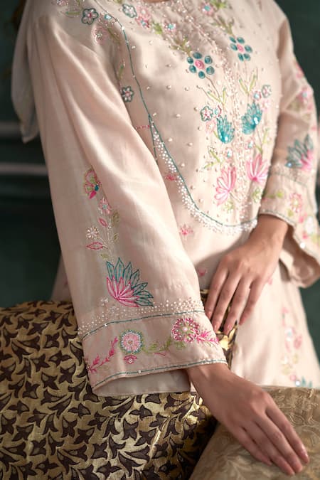 Buy Hirika & Dhruti Beige Chanderi Silk, Georgette Embroidery Floral Hand Short Kurta Pant Set Online at Aza Fashions Buy_Hirika & Dhruti_Beige Chanderi Silk, Georgette Embroidery Floral Hand Short Kurta Pant Set _Online_at_Aza_Fashions
