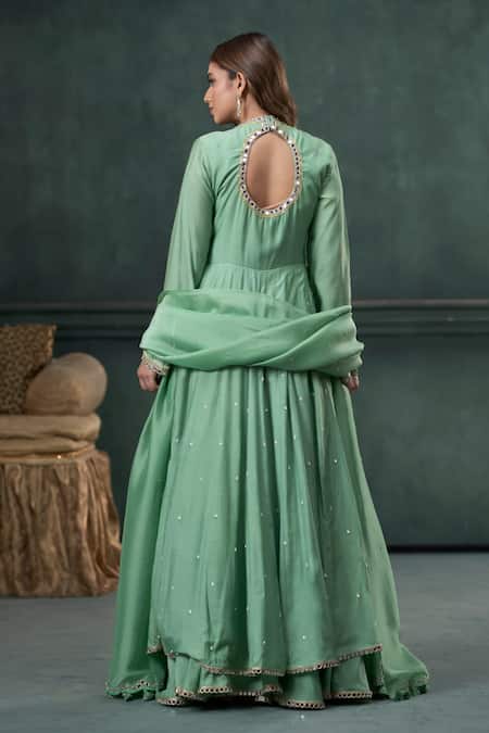 Shop_Hirika & Dhruti_Green Mohair, Organza Pearls, Mirror Hand Embroidered Anarkali Sharara Set _at_Aza_Fashions