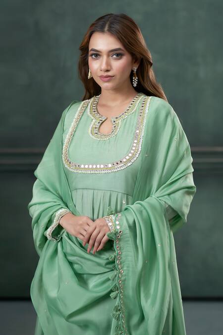 Hirika & Dhruti_Green Mohair, Organza Pearls, Mirror Hand Embroidered Anarkali Sharara Set _Online_at_Aza_Fashions