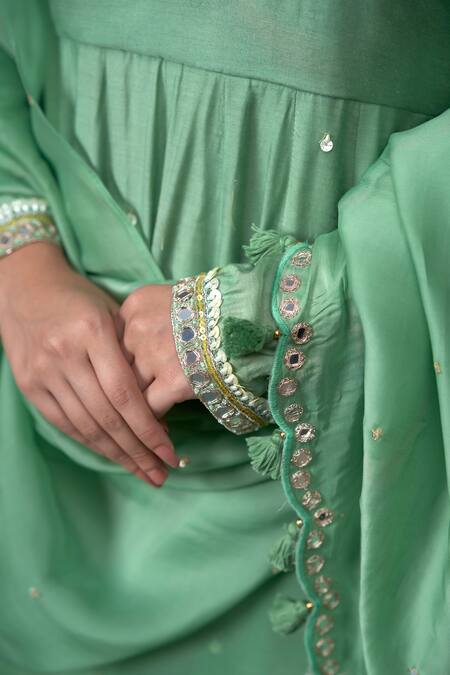 Buy_Hirika & Dhruti_Green Mohair, Organza Pearls, Mirror Hand Embroidered Anarkali Sharara Set _Online_at_Aza_Fashions