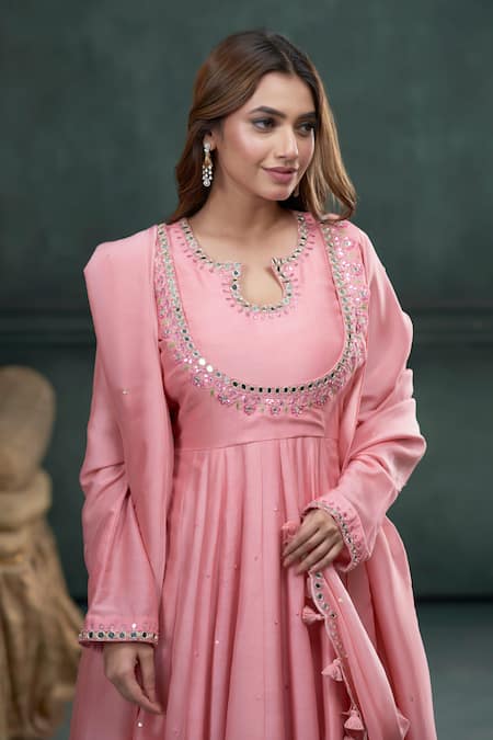 Hirika & Dhruti_Pink Mohair, Organza Pearls, Mirrors, Hand Embroidered Anarkali And Sharara Set _Online_at_Aza_Fashions
