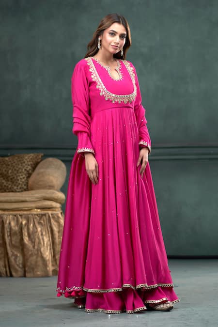 Hirika & Dhruti_Pink Mohair, Organza Pearls, Sequins, Hand Embroidered Anarkali And Sharara Set _Online_at_Aza_Fashions