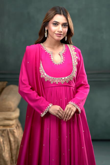 Buy_Hirika & Dhruti_Pink Mohair, Organza Pearls, Sequins, Hand Embroidered Anarkali And Sharara Set _Online_at_Aza_Fashions