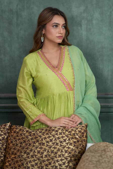 Hirika & Dhruti Green Silk, Organza Sequins, Embroidery, Fringe Floral Linear Hand Anarkali Set Online at Aza Fashions Hirika & Dhruti_Green Silk, Organza Sequins, Embroidery, Fringe Floral Linear Hand Anarkali Set _Online_at_Aza_Fashions