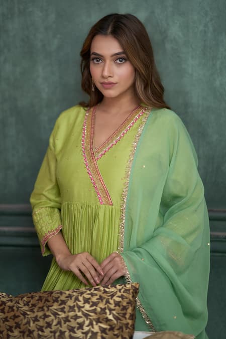 Buy Hirika & Dhruti Green Silk, Organza Sequins, Embroidery, Fringe Floral Linear Hand Anarkali Set Online at Aza Fashions Buy_Hirika & Dhruti_Green Silk, Organza Sequins, Embroidery, Fringe Floral Linear Hand Anarkali Set _Online_at_Aza_Fashions