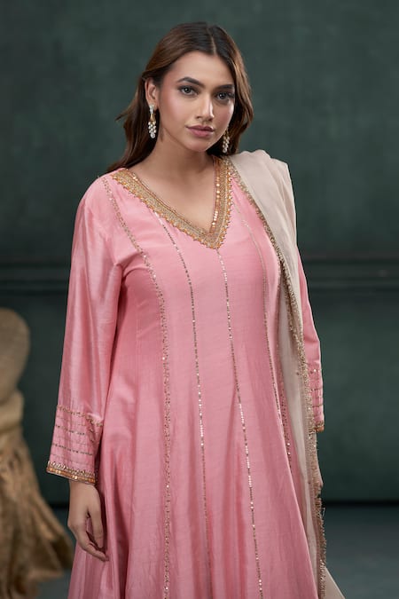 Hirika & Dhruti_Pink Silk, Organza Sequins V-neck Embroidered Anarkali Pant Set _Online_at_Aza_Fashions