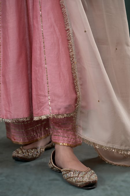 Buy_Hirika & Dhruti_Pink Silk, Organza Sequins V-neck Embroidered Anarkali Pant Set _Online_at_Aza_Fashions