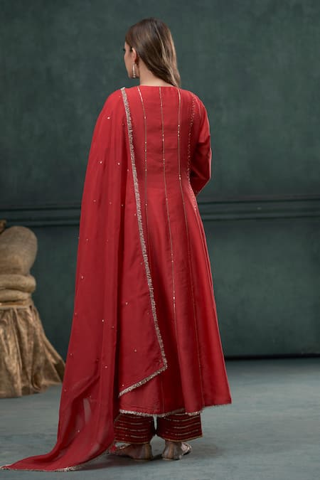 Shop_Hirika & Dhruti_Red Silk, Organza Embroidery, Sequins V-neck Anarkali Pant Set _at_Aza_Fashions