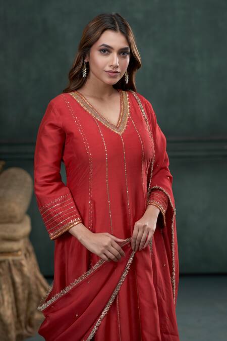 Hirika & Dhruti_Red Silk, Organza Embroidery, Sequins V-neck Anarkali Pant Set _Online_at_Aza_Fashions