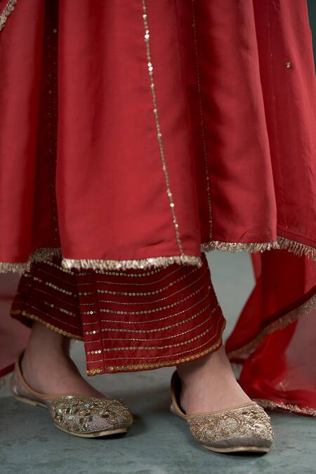 Buy_Hirika & Dhruti_Red Silk, Organza Embroidery, Sequins V-neck Anarkali Pant Set _Online_at_Aza_Fashions