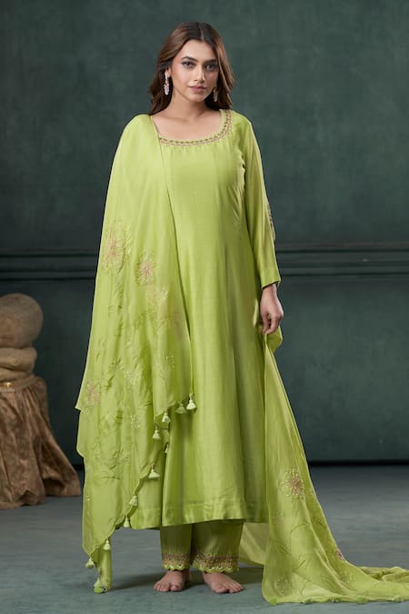 Hirika&Dhruti Green Anarkali And Pant Silk Embroidered Moti Round Thread & Set 