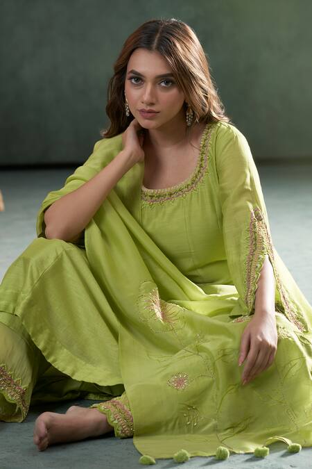 Buy_Hirika & Dhruti_Green Silk, Organza Embroidery, Mirrors, Thread And Moti Anarkali Pant Set _Online_at_Aza_Fashions