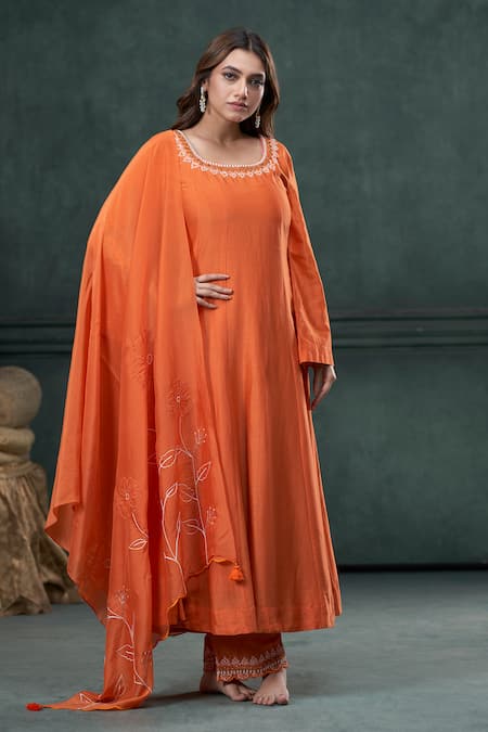 Hirika&Dhruti Orange Anarkali And Pant Silk Embroidered Moti Round Thread Set 